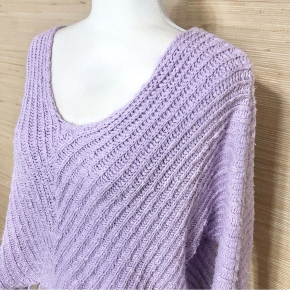 Free People Purple Large Knit Boatneck Fringe Hem Pullover Crop Sweater XS - Picture 2 of 5